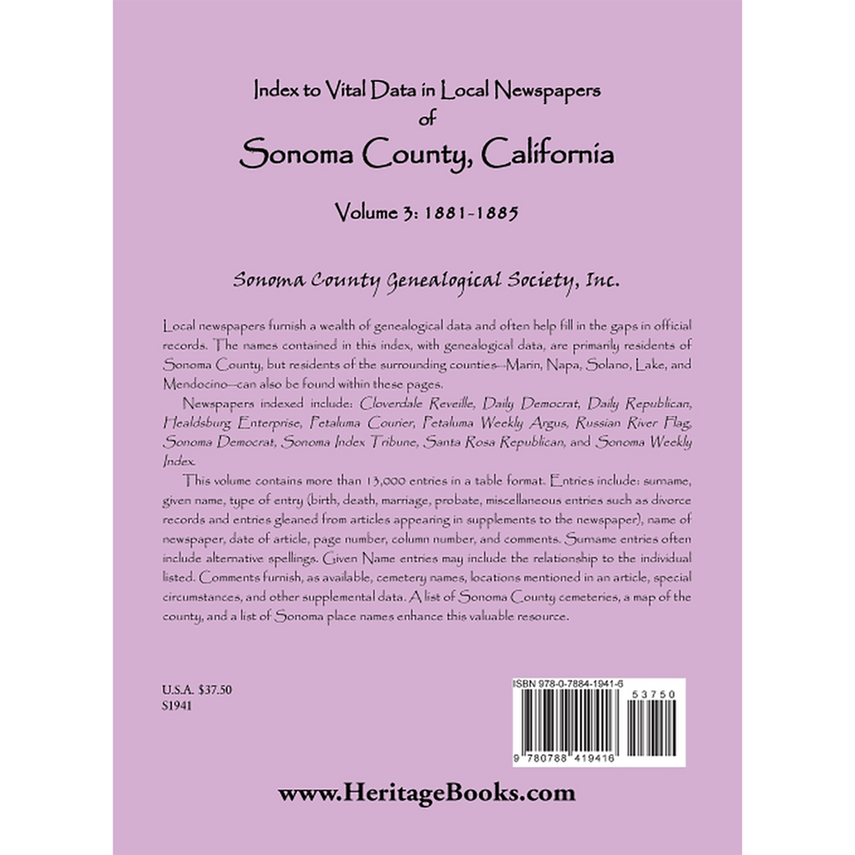Index to Vital Data in Local Newspapers of Sonoma County, California, Volume 3: 1881-1885 back cover