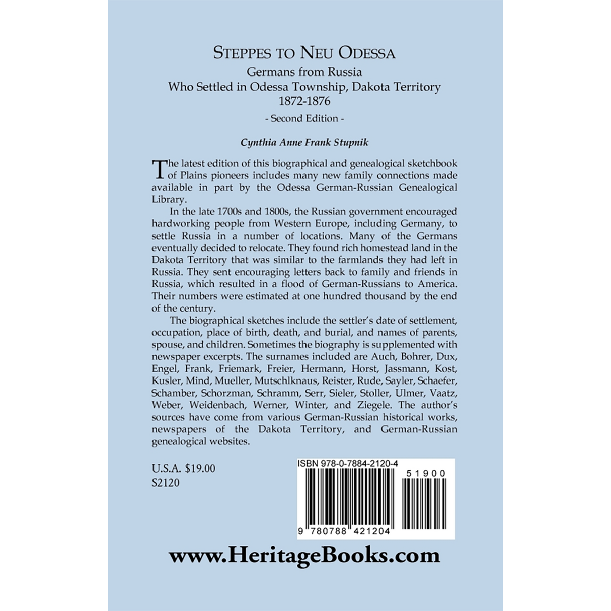 Steppes to Neu Odessa: Germans from Russia Who Settled in Odessa Township, Dakota Territory, 1872-1876, 2nd edition back cover