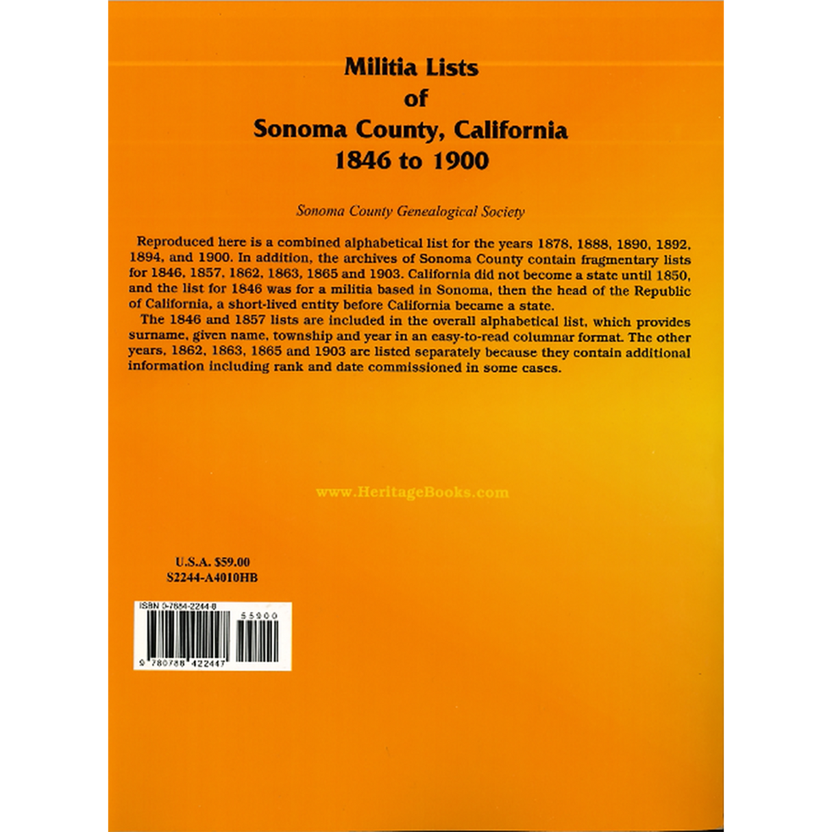 Militia Lists of Sonoma County, California, 1846 to 1900 back cover