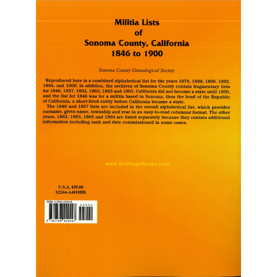 Militia Lists of Sonoma County, California, 1846 to 1900 back cover