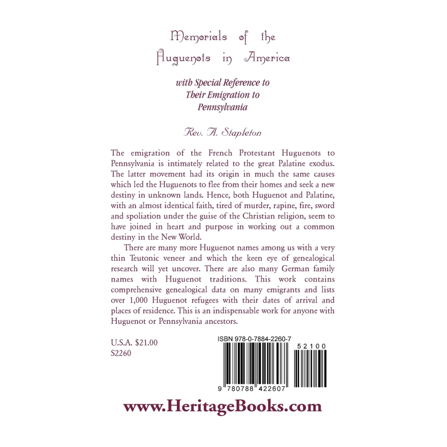 Memorials of the Huguenots in America, with Special Reference to their Emigration to Pennsylvania back cover