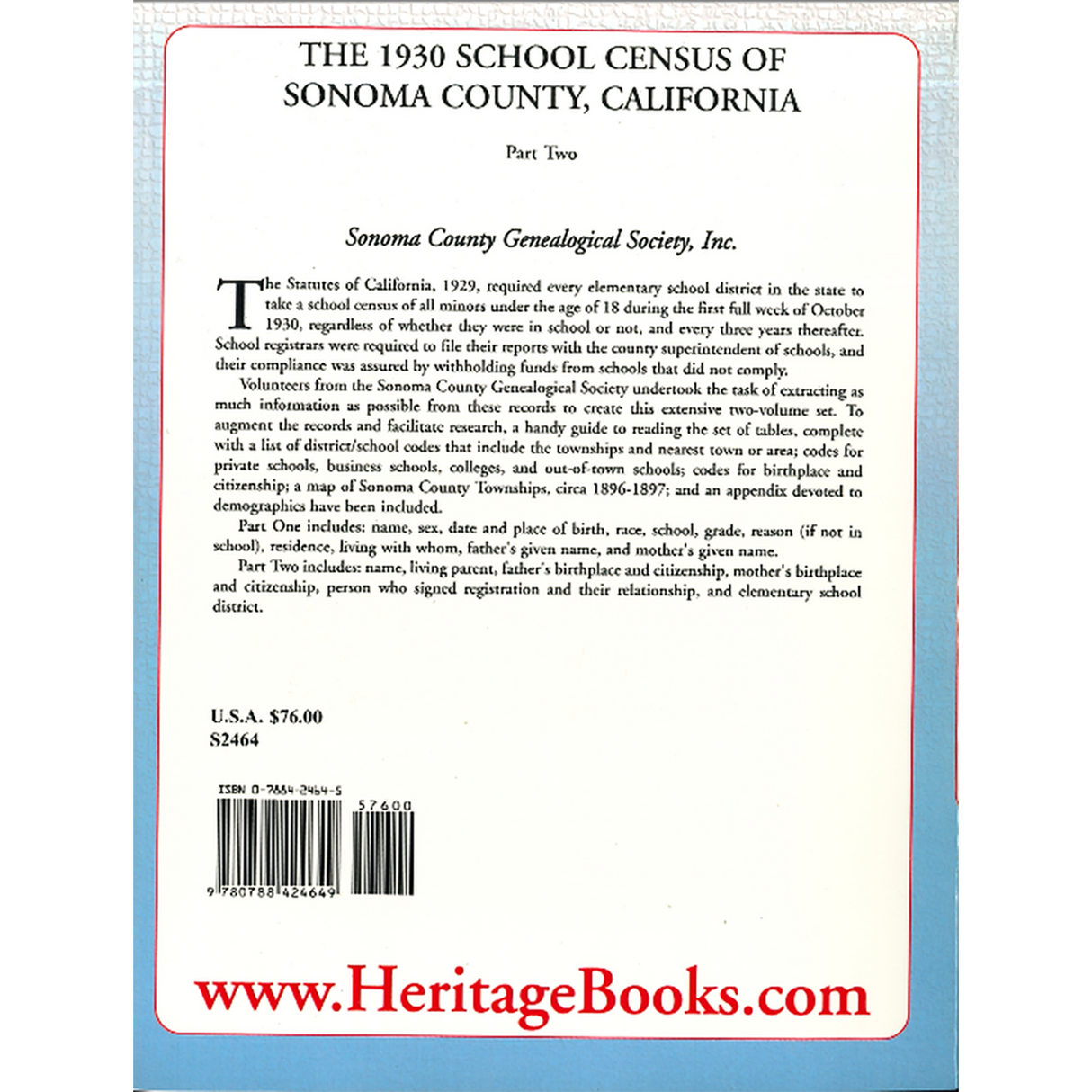 The 1930 School Census of Sonoma County, California, Part 2 back cover
