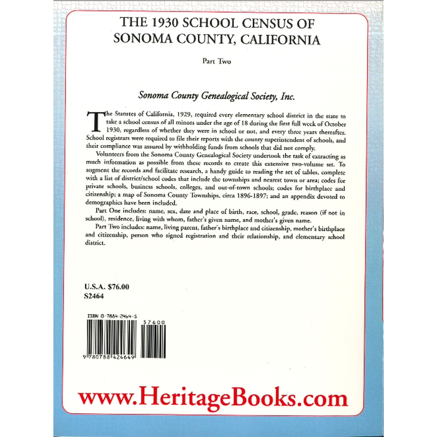 The 1930 School Census of Sonoma County, California, Part 2 back cover