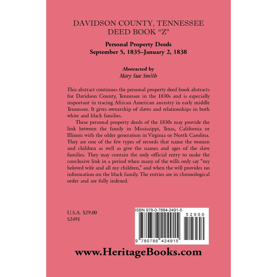 back cover of Davidson County, Tennessee, Deed Book Z: Personal Property Deeds, September 5, 1835-January 2, 1838