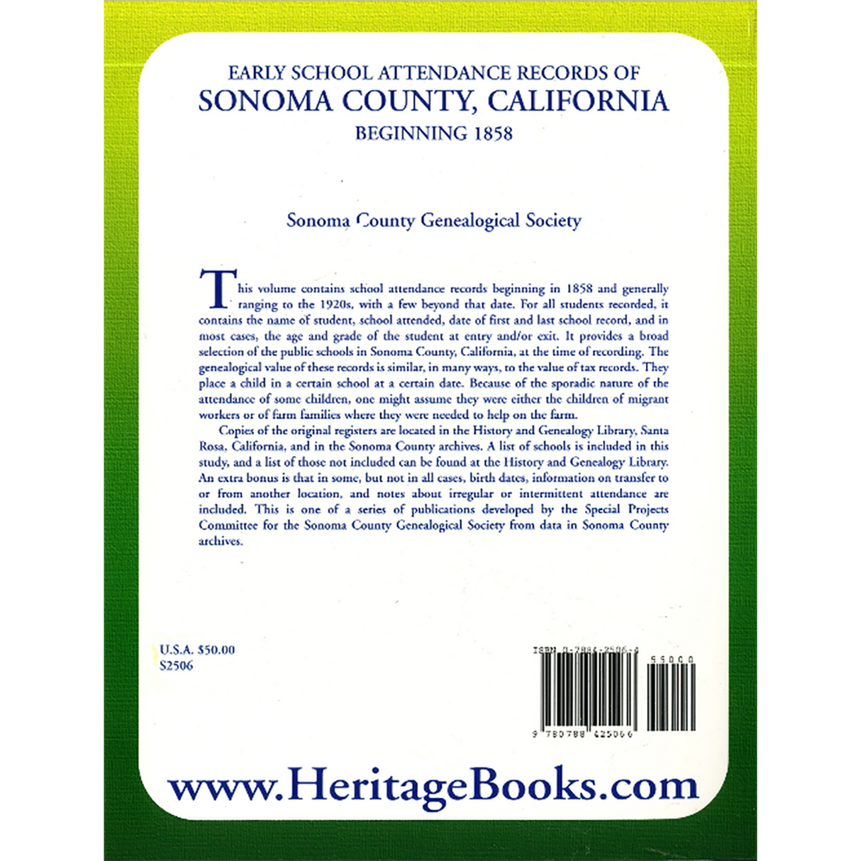 Early School Attendance Records of Sonoma County, California, Beginning 1858 back cover