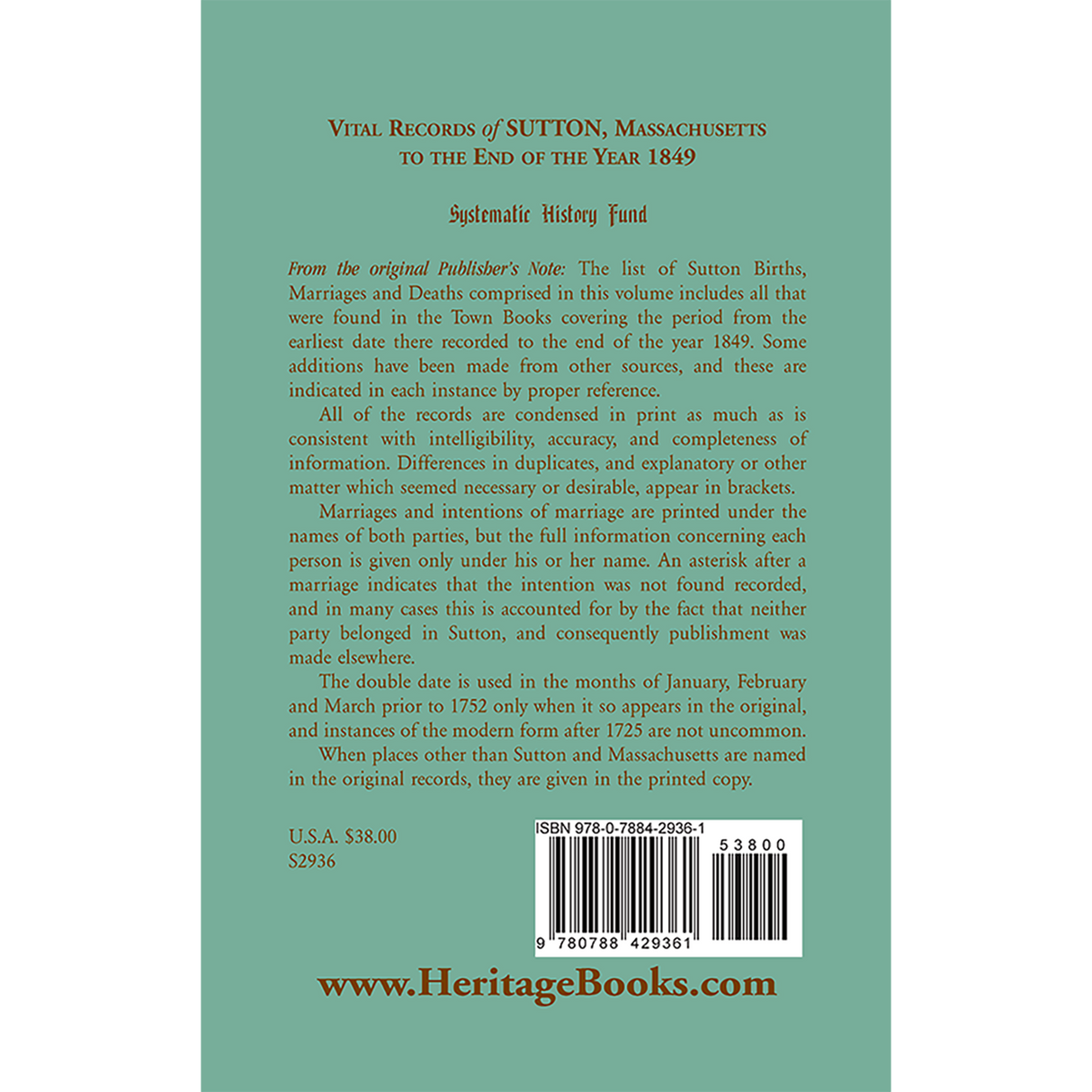 Vital Records of Sutton, Massachusetts back cover