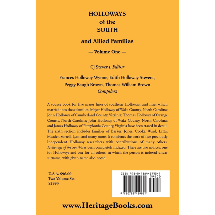 back cover of Holloways of the South and Allied Families, Volume 1