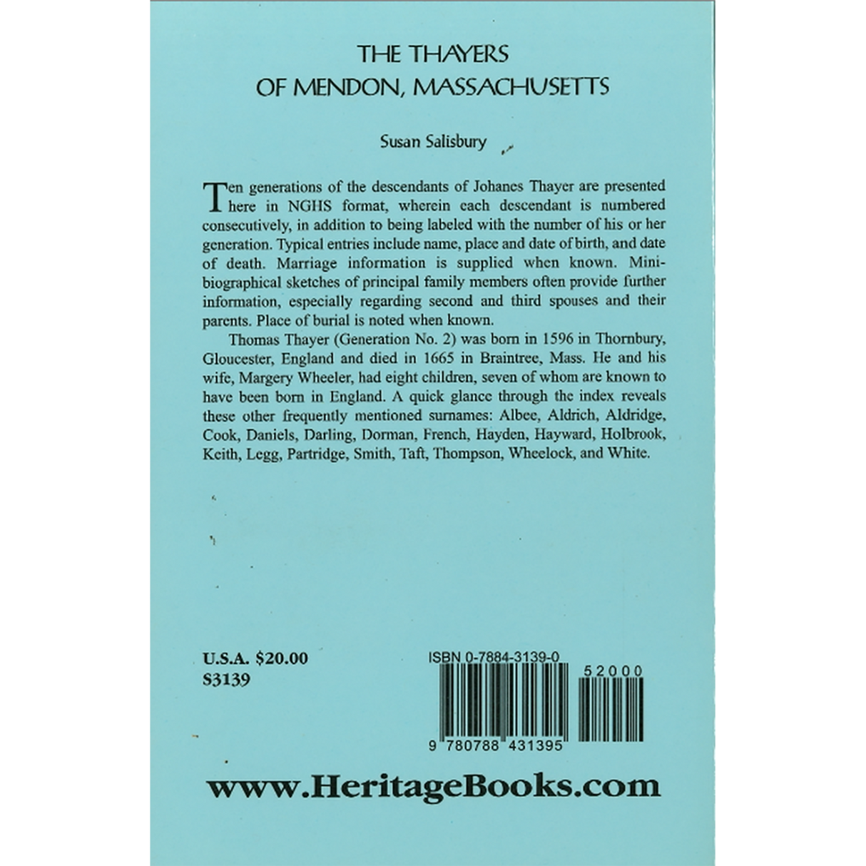 The Thayers of Mendon, Massachusetts back cover