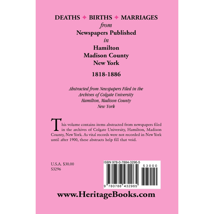 back cover of Deaths, Births, Marriages from Newspapers Published in Hamilton, Madison County, New York, 1818-1886