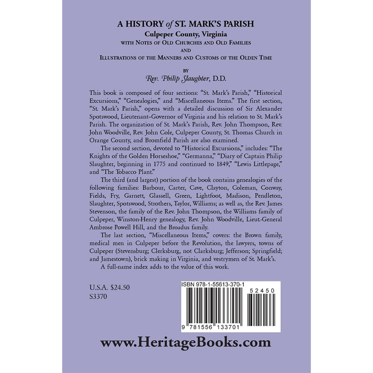 A History of St. Mark's Parish, Culpeper County, Virginia With Notes of Old Churches and Old Families back cover