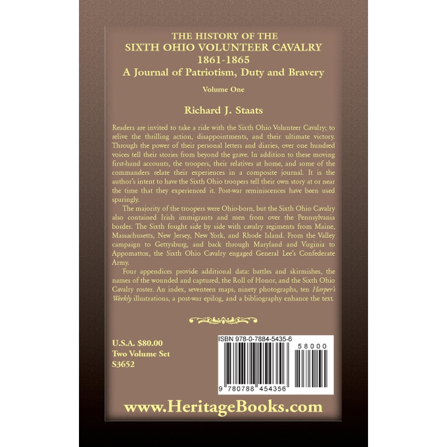 back cover of The History of the 6th Ohio Volunteer Cavalry, 1861-1865: A Journal of Patriotism, Duty and Bravery  Volume 1