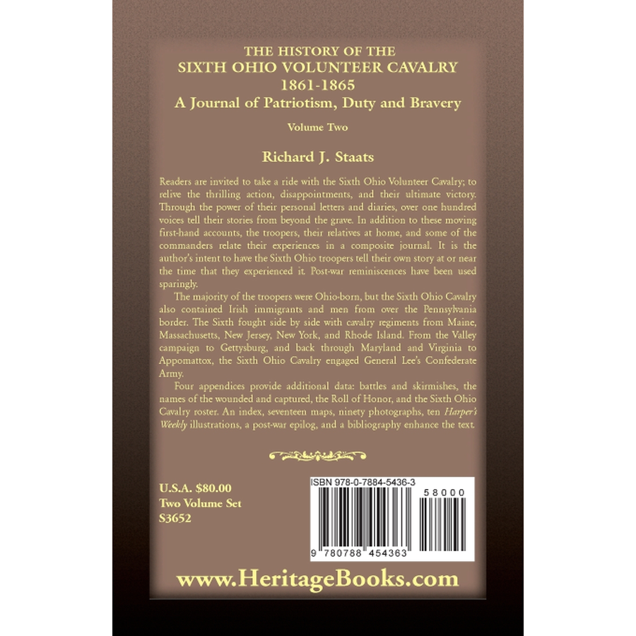 back cover of The History of the 6th Ohio Volunteer Cavalry, 1861-1865: A Journal of Patriotism, Duty and Bravery  Volume 2