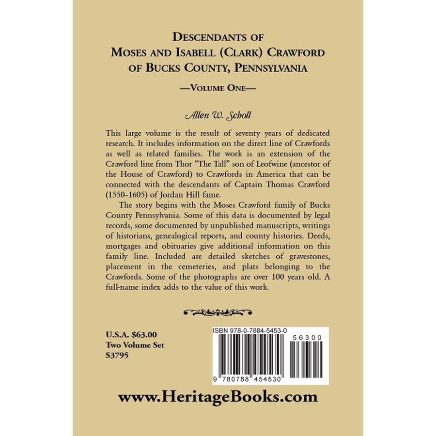 back cover of Descendants of Moses and Isabell (Clark) Crawford of Bucks County, Pennsylvania, Volume 1