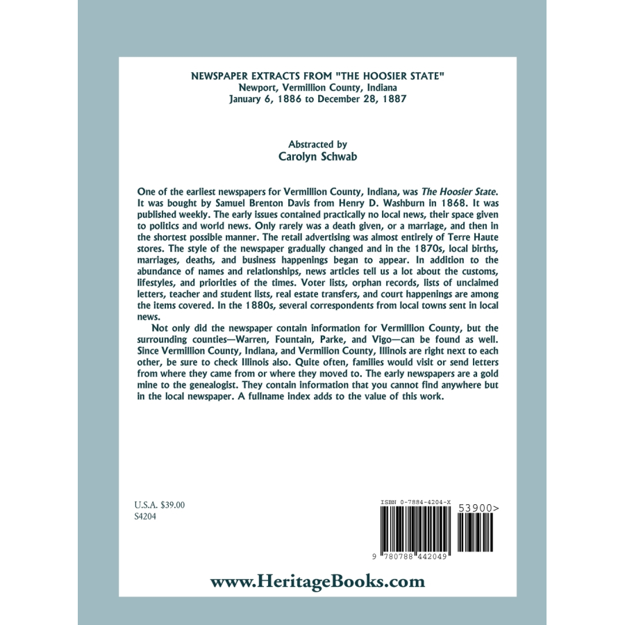 Newspaper Extracts from "The Hoosier State", Newport, Vermillion County, Indiana, January 1886 to December 28, 1887 back cover