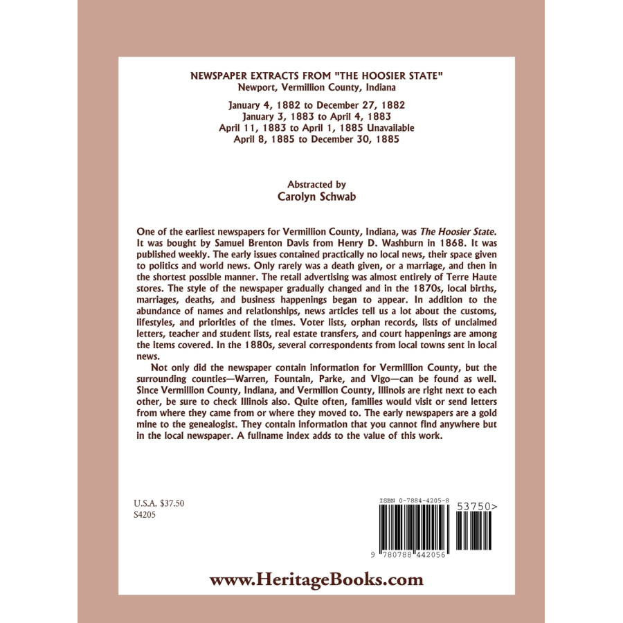 Newspaper Extracts from "The Hoosier State", Newport, Vermillion County, Indiana, January 1882 to December 1885 back cover