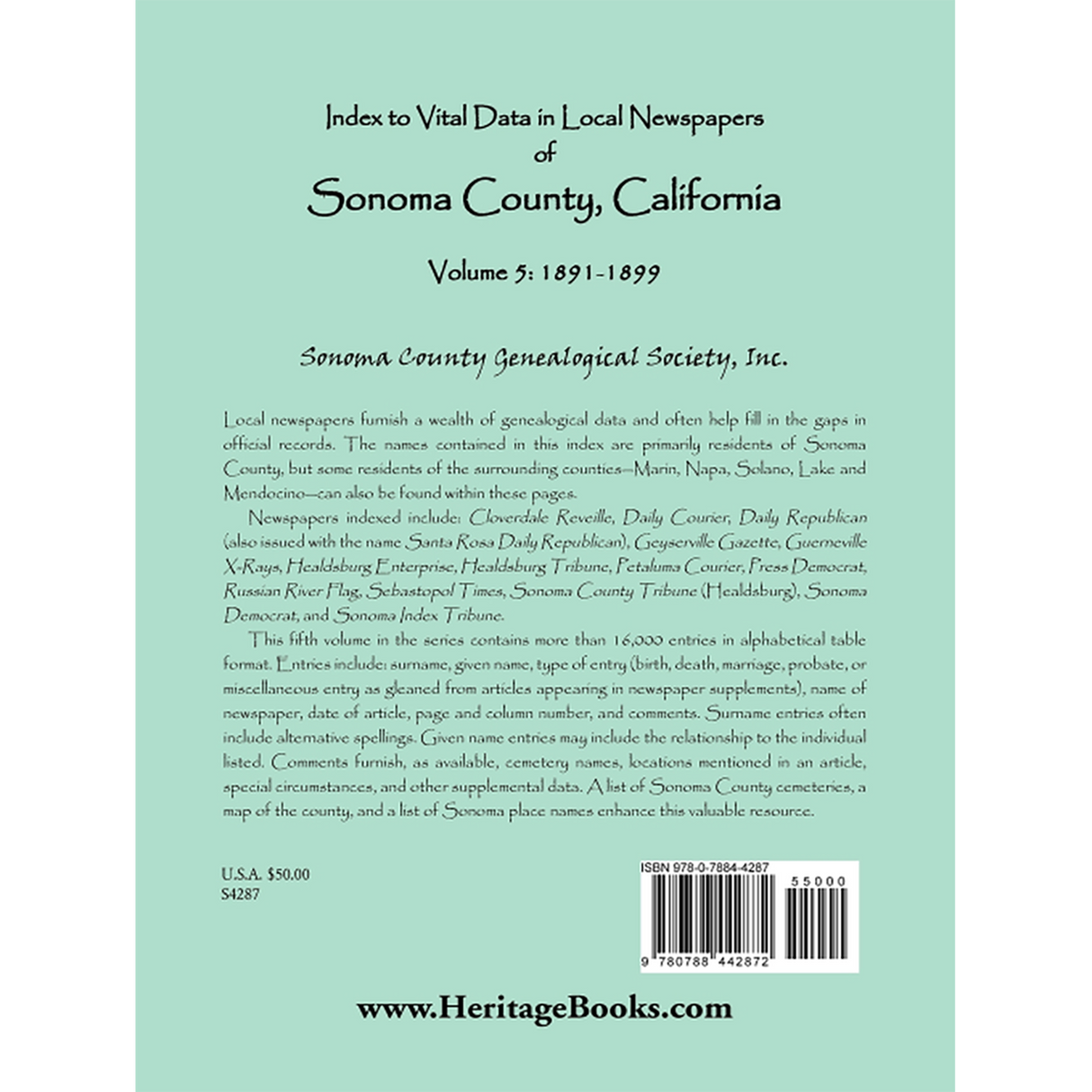 Index to Vital Data in Local Newspapers of Sonoma County, California, Volume 5: 1891-1899 back cover