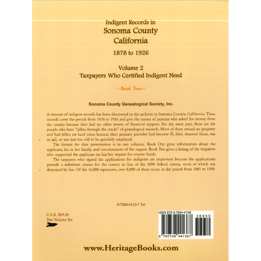 Indigent Records in Sonoma County, California, 1878 to 1926, Volume 2: Taxpayers Who Certified Indigent Need, Book 2 back cover