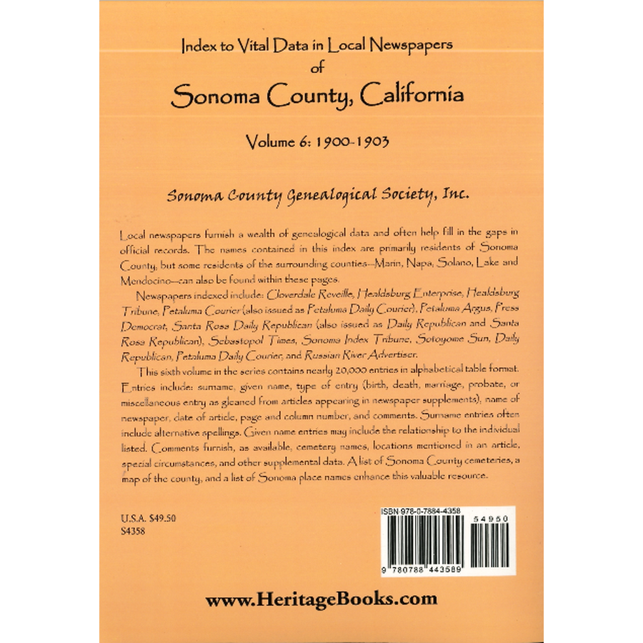 Index to Vital Data in Local Newspapers of Sonoma County, California, Volume 6: 1900-1903 back cover