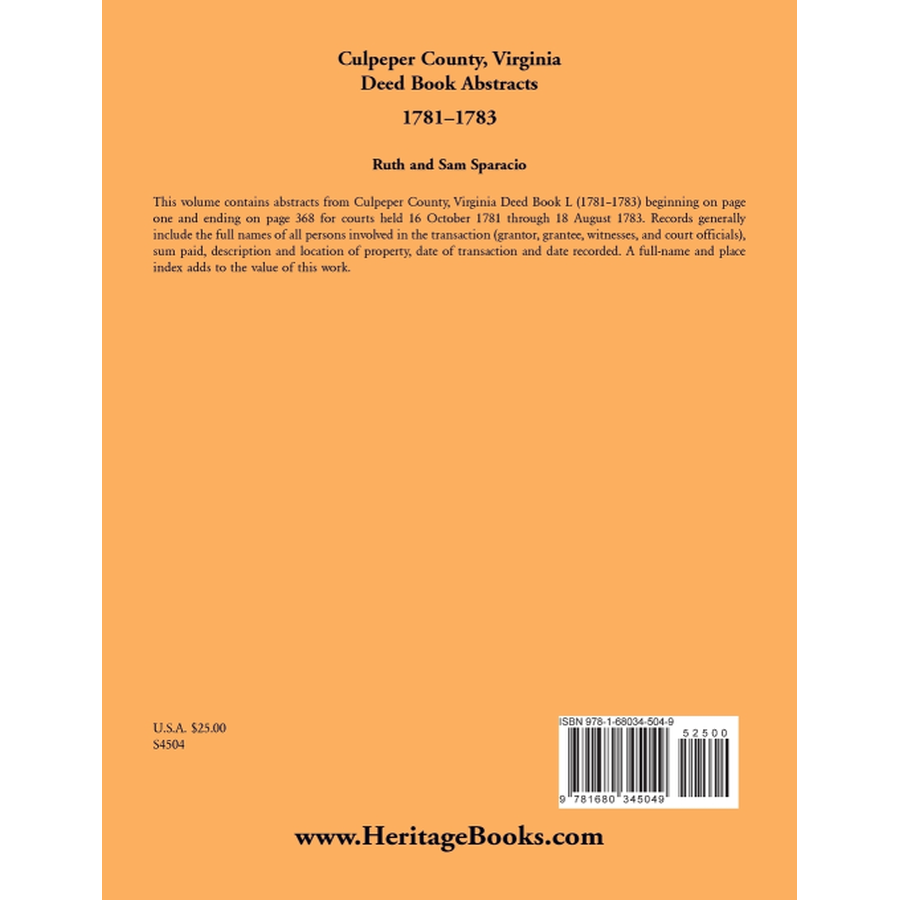Culpeper County, Virginia Deed Book Abstracts 1781-1783 back cover