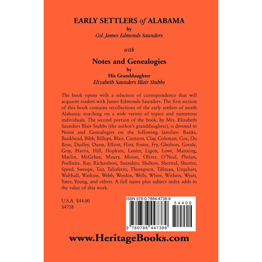 back cover of Early Settlers of Alabama with Notes and Genealogies