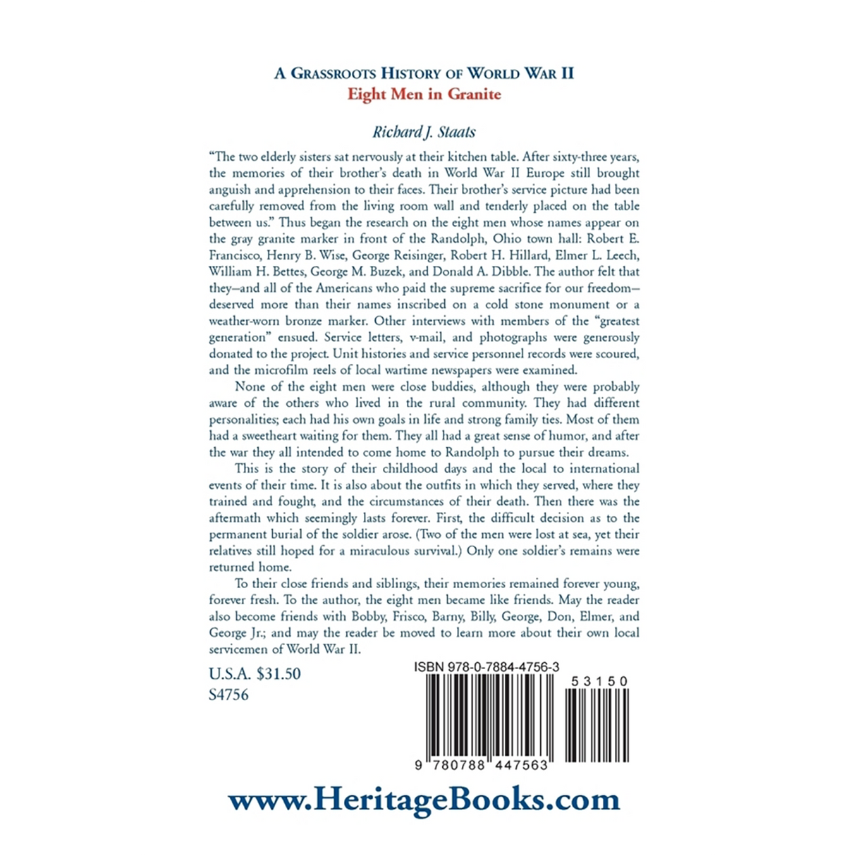 A Grassroots History of World War II: Eight Men in Granite back cover