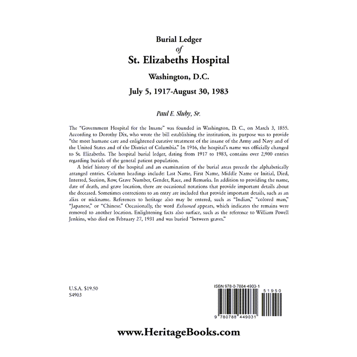 Burial Ledger of St. Elizabeths Hospital, Washington, D. C., July 5, 1917-August 30, 1983 back cover