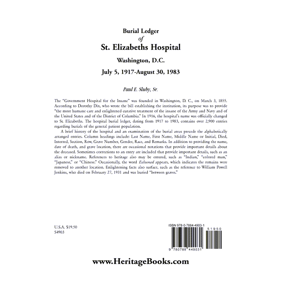 Burial Ledger of St. Elizabeths Hospital, Washington, D. C., July 5, 1917-August 30, 1983 back cover