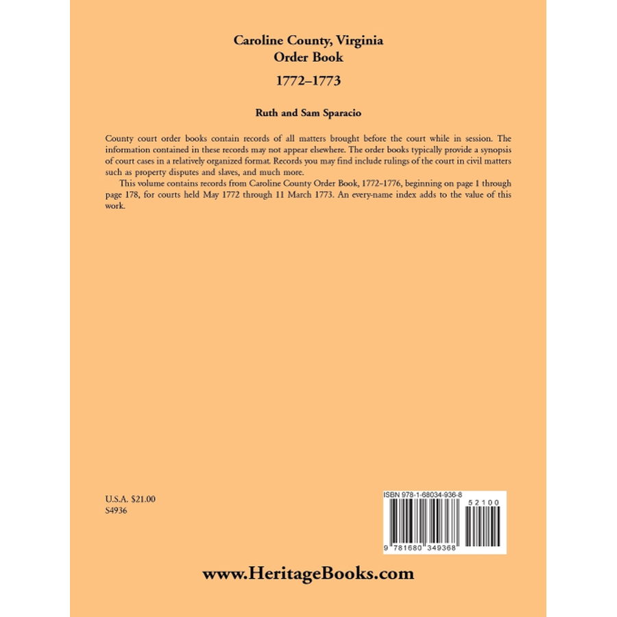 Caroline County, Virginia Order Book Abstracts 1772-1773 back cover