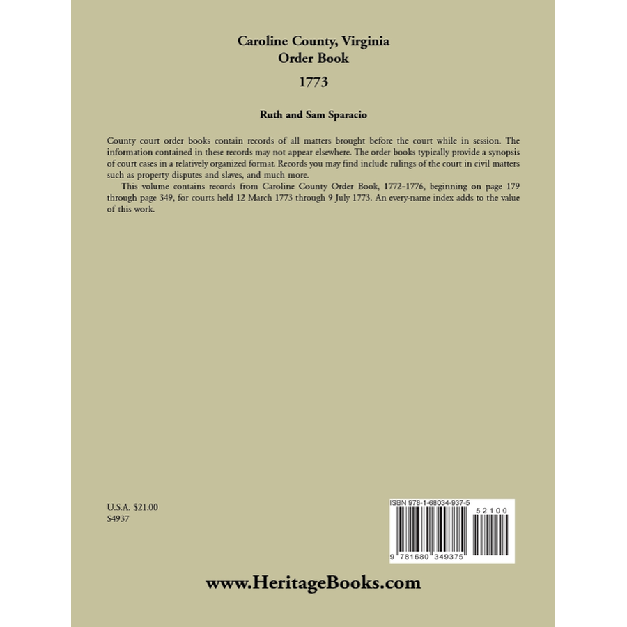 back cover of Caroline County, Virginia Order Book Abstracts 1773