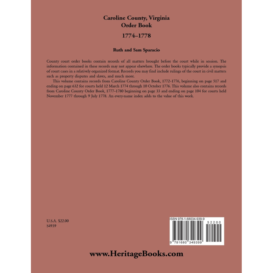 Caroline County, Virginia Order Book Abstracts 1774-1778 back cover