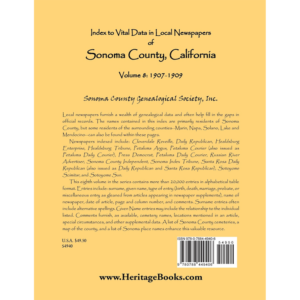 Index to Vital Data in Local Newspapers of Sonoma County, California, Volume 8: 1907-1909 back cover
