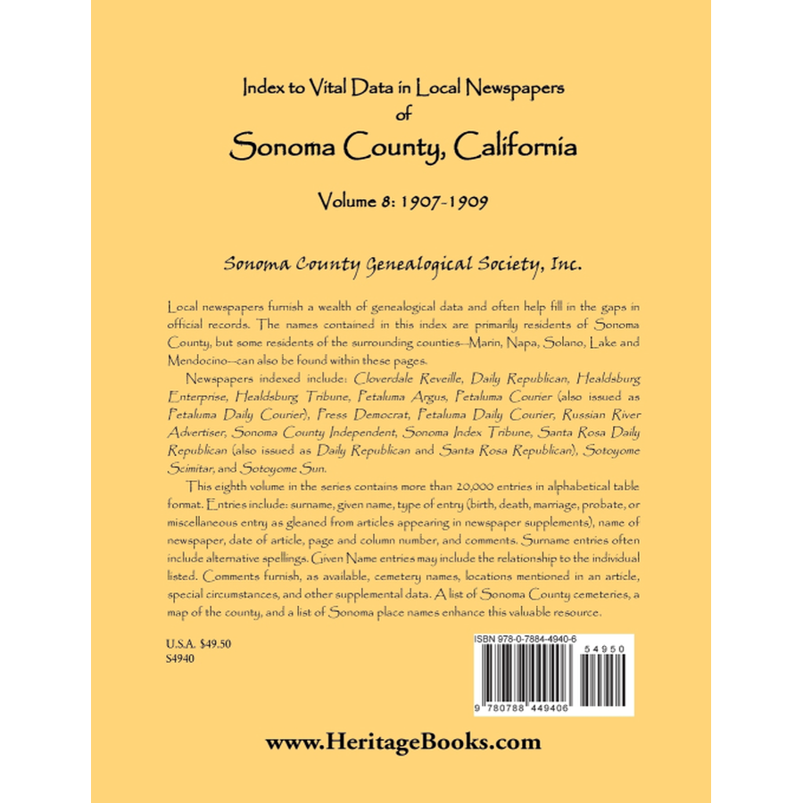back cover of Index to Vital Data in Local Newspapers of Sonoma County, California, Volume 8: 1907-1909