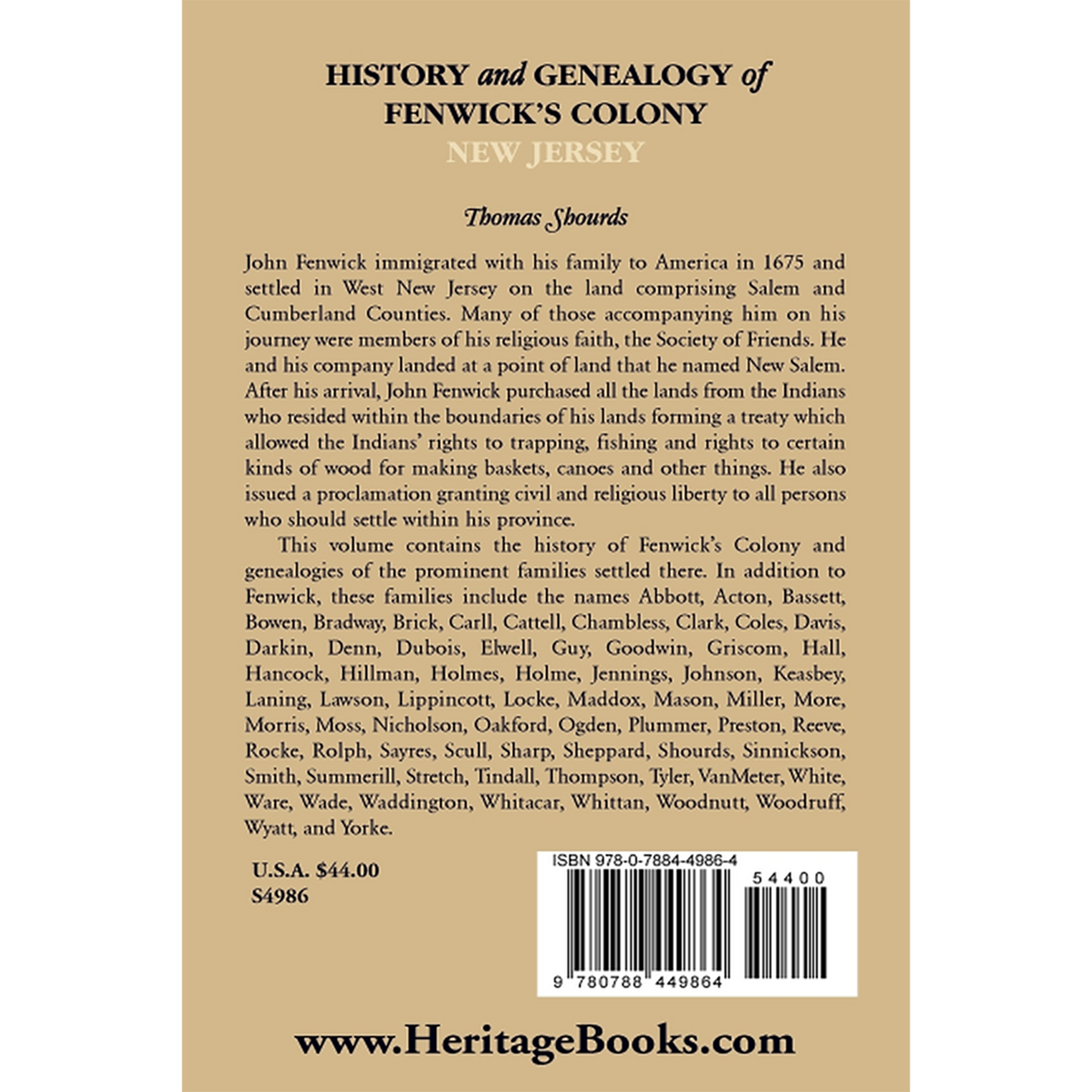 History and Genealogy of Fenwick's Colony, New Jersey back cover