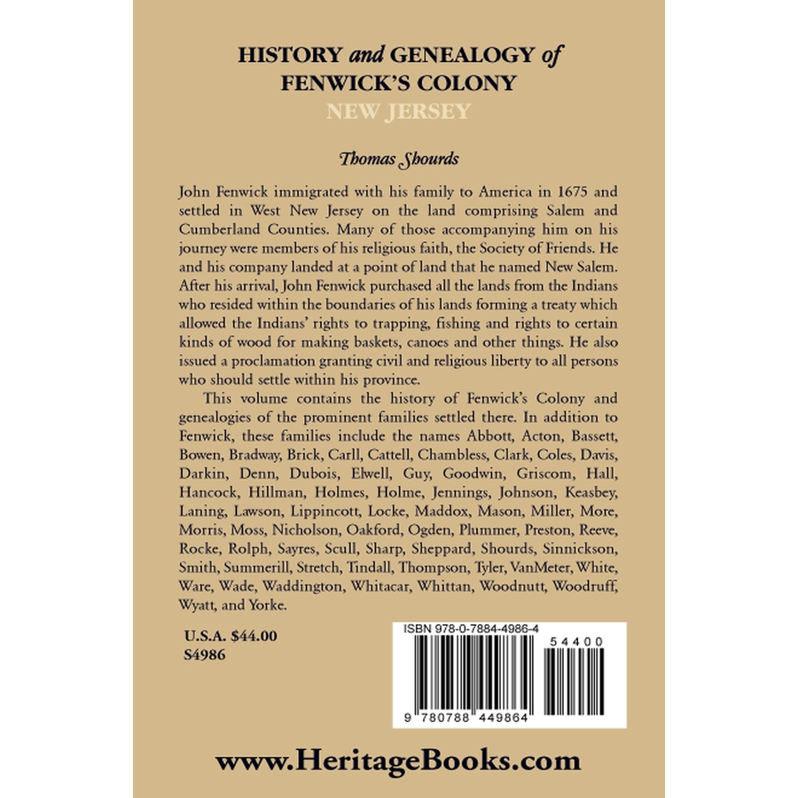 back cover of History and Genealogy of Fenwick's Colony, New Jersey