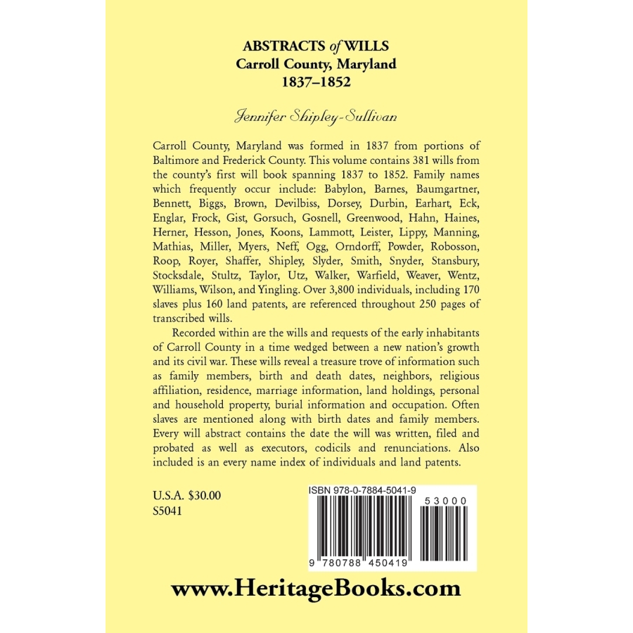 Abstracts of Wills, Carroll County, Maryland, 1837-1852 back cover