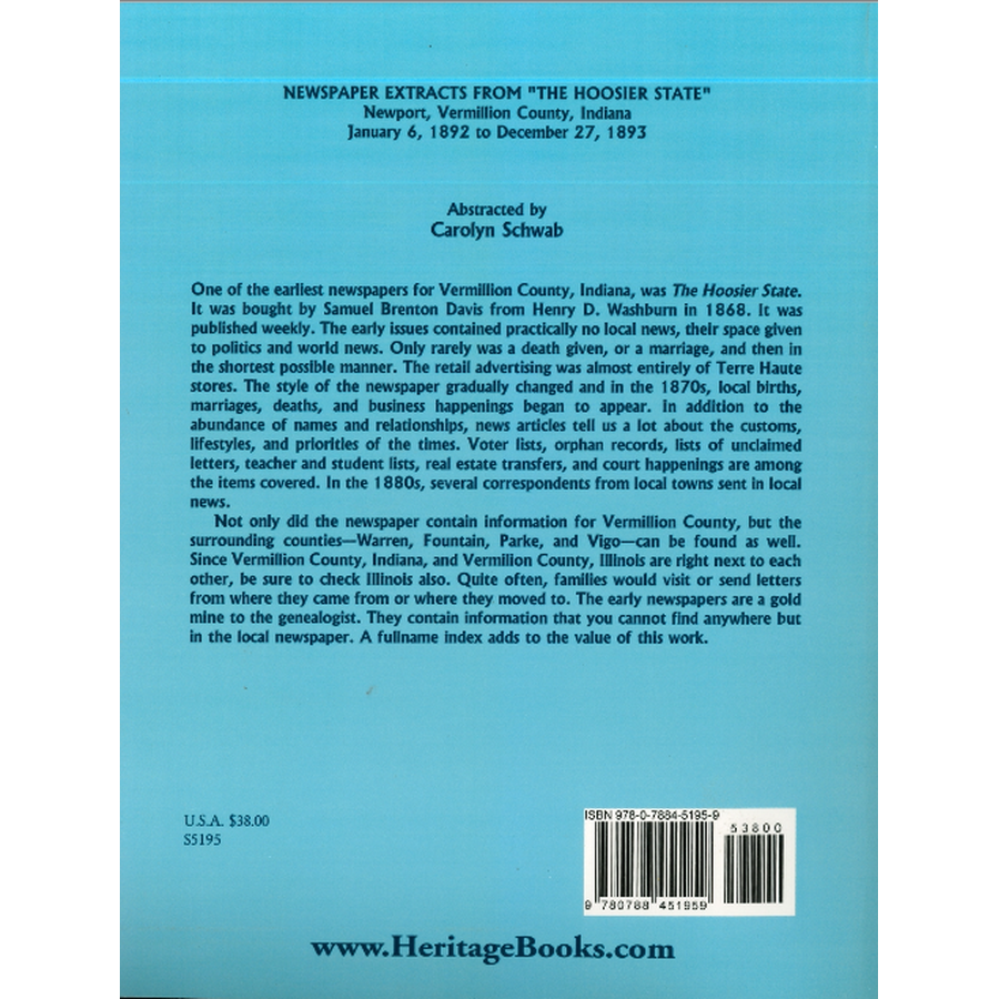 Newspaper Extracts from "The Hoosier State", Newport, Vermillion County, Indiana, January 6, 1892 to December 27, 1893 back cover