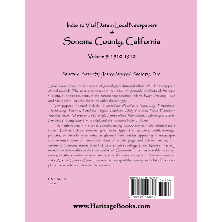 back cover of Index to Vital Data in Local Newspapers of Sonoma County, California, Volume 9: 1910-1912