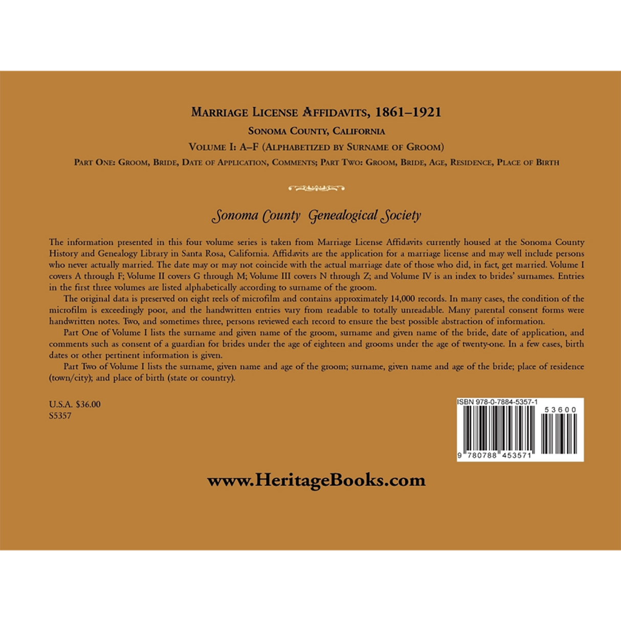 Marriage License Affidavits, 1861-1921, Sonoma County, California: Volume 1, A-F back cover