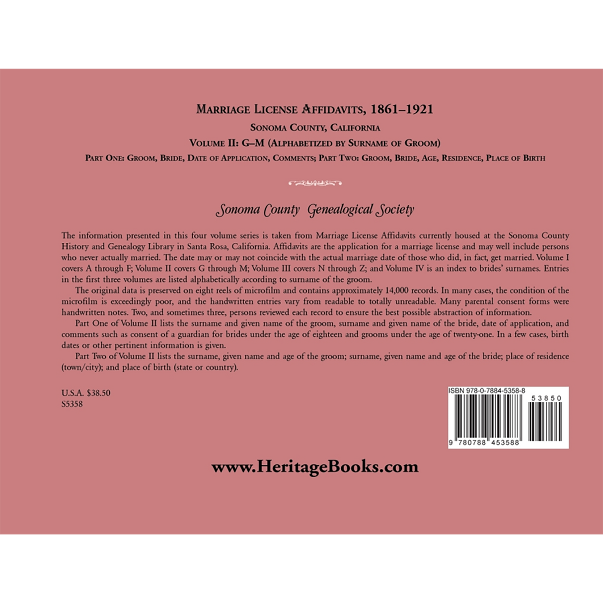 Marriage License Affidavits, 1861-1921, Sonoma County, California: Volume 2, G-M back cover
