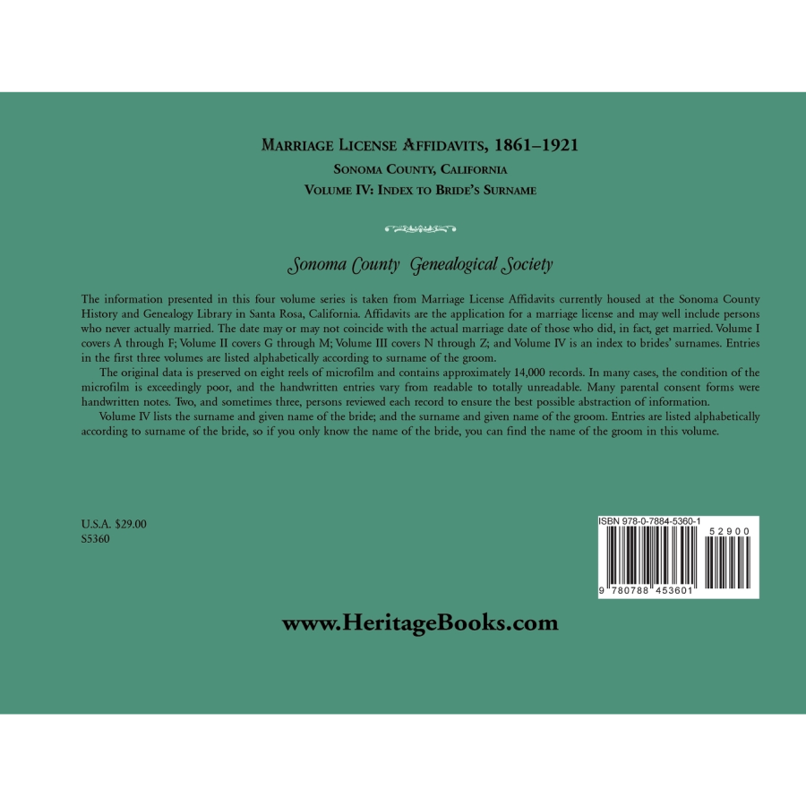 Marriage License Affidavits, 1861-1921, Sonoma County, California: Volume 4 back cover