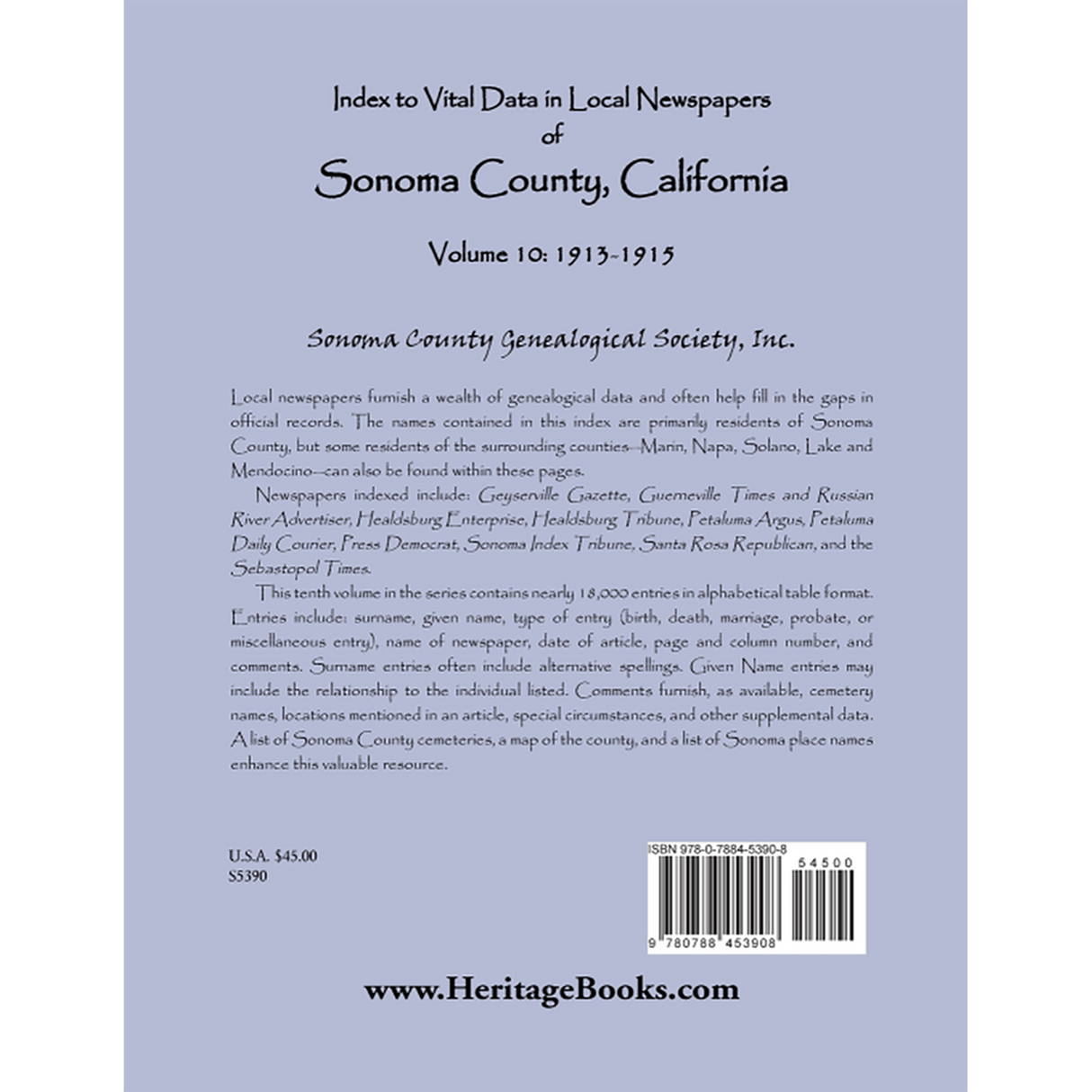 Index to Vital Data in Local Newspapers of Sonoma County, California, Volume 10: 1913-1915 back cover