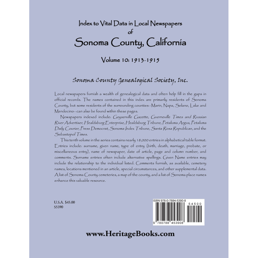 Index to Vital Data in Local Newspapers of Sonoma County, California, Volume 10: 1913-1915 back cover
