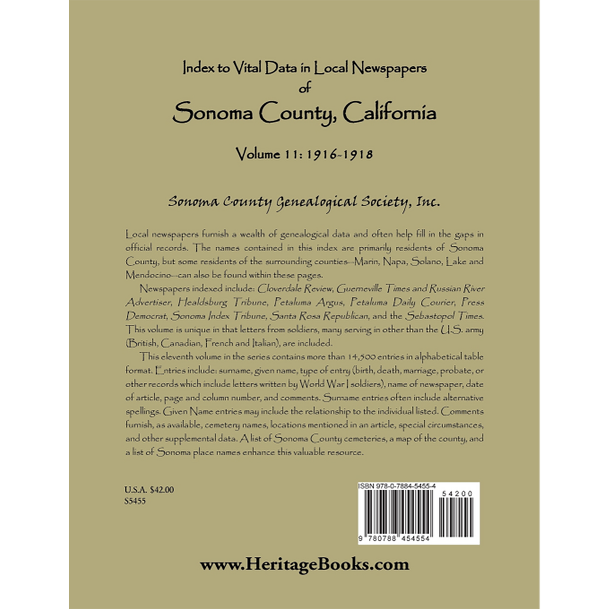 Index to Vital Data in Local Newspapers of Sonoma County, California, Volume 11: 1916-1918 back cover