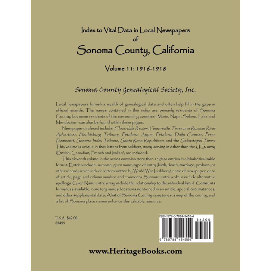 back cover of Index to Vital Data in Local Newspapers of Sonoma County, California, Volume 11: 1916-1918