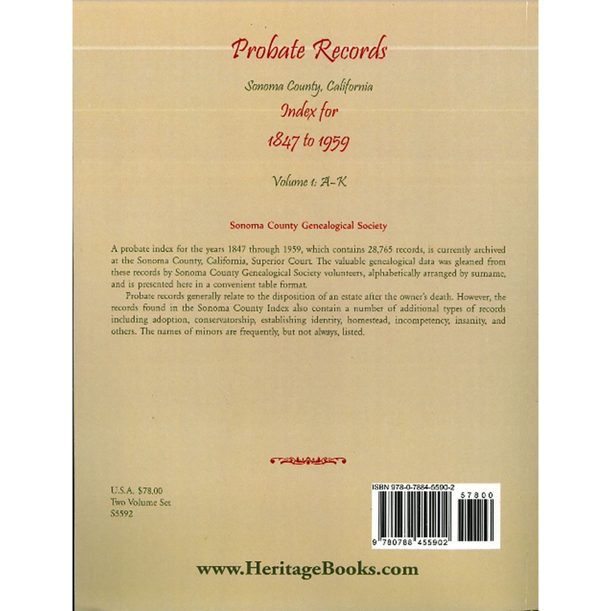 Probate Records, Sonoma County, California, Index for 1847 to 1959, Volume 1 back cover