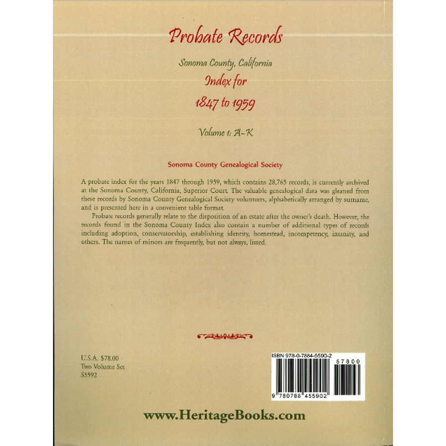 Probate Records, Sonoma County, California, Index for 1847 to 1959, Volume 1 back cover