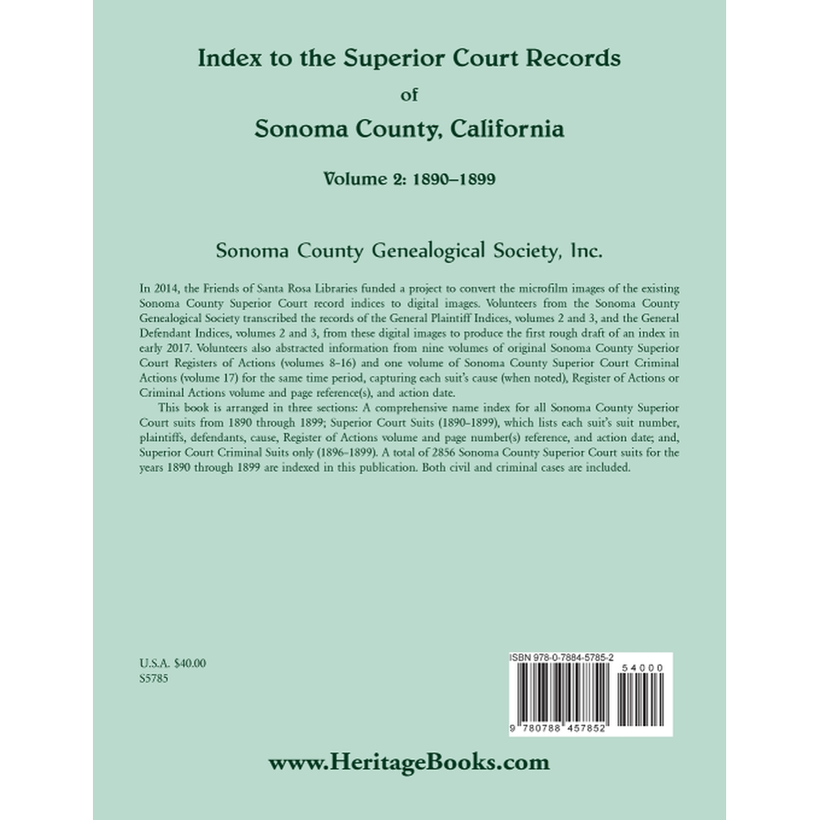 Index to the Superior Court Records of Sonoma County, California: 1890-1899 back cover