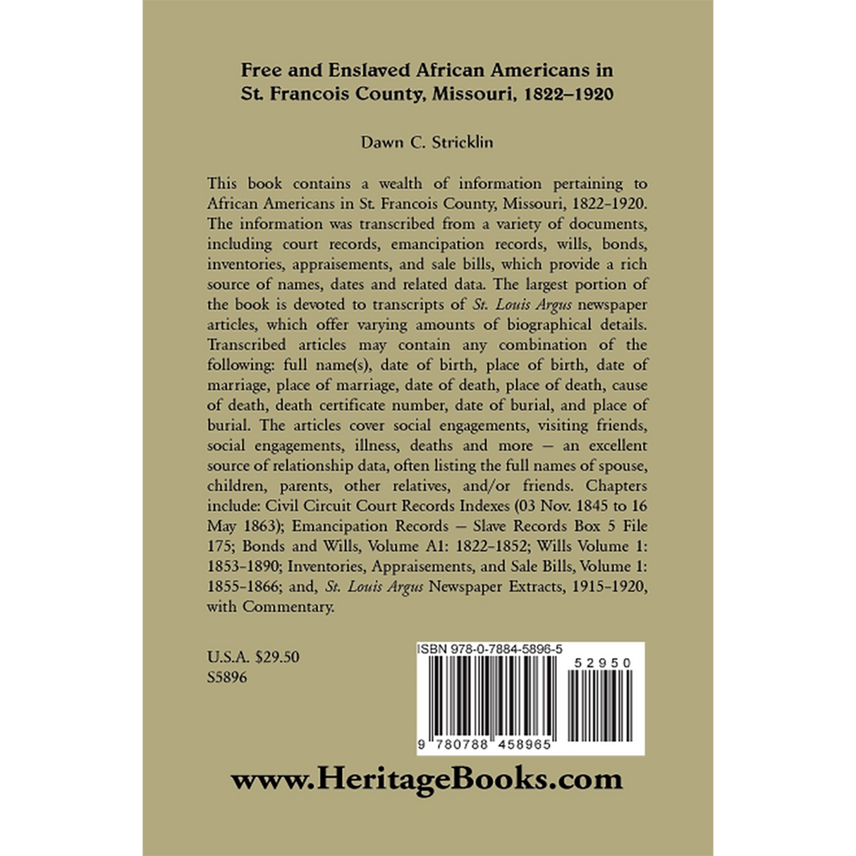 Free and Enslaved African Americans in St. Francois County, Missouri, 1822-1920 back cover