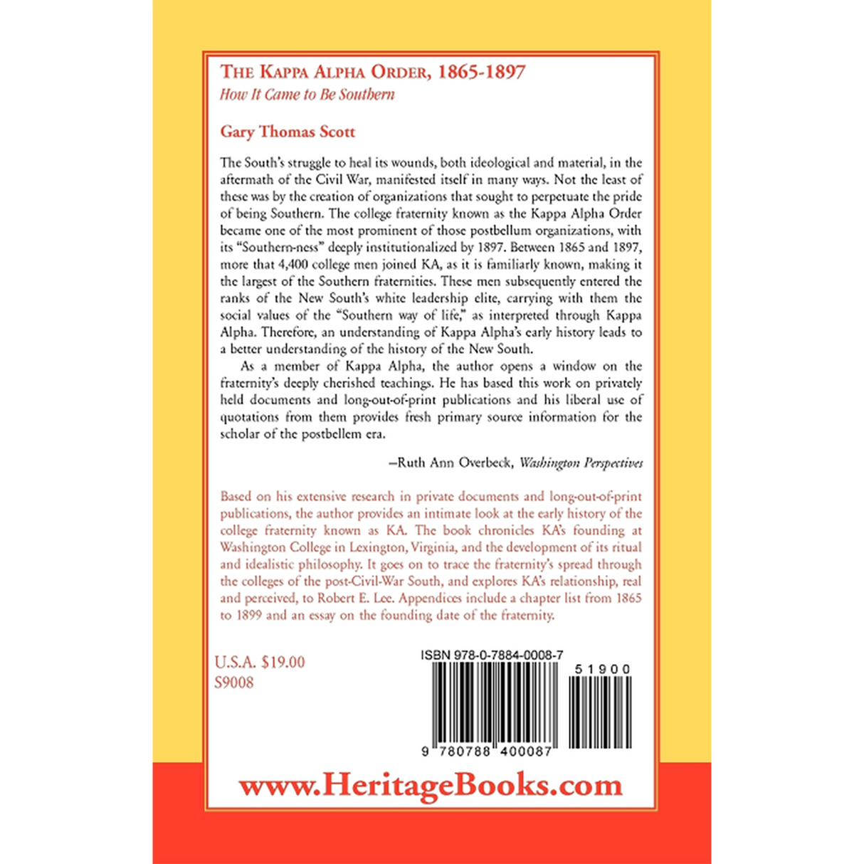 The Kappa Alpha Order, 1865-1897: How It Came To Be Southern back cover