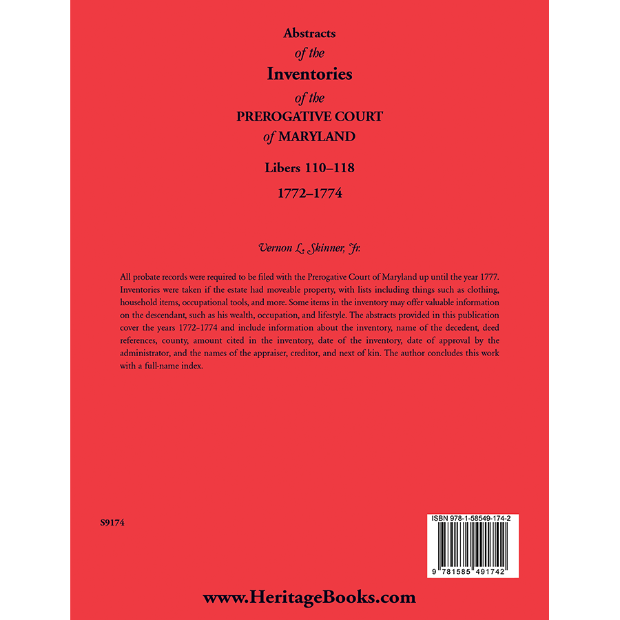 Abstracts of the Inventories of the Prerogative Court of Maryland, 1772-1774, Libers 110-118 back cover